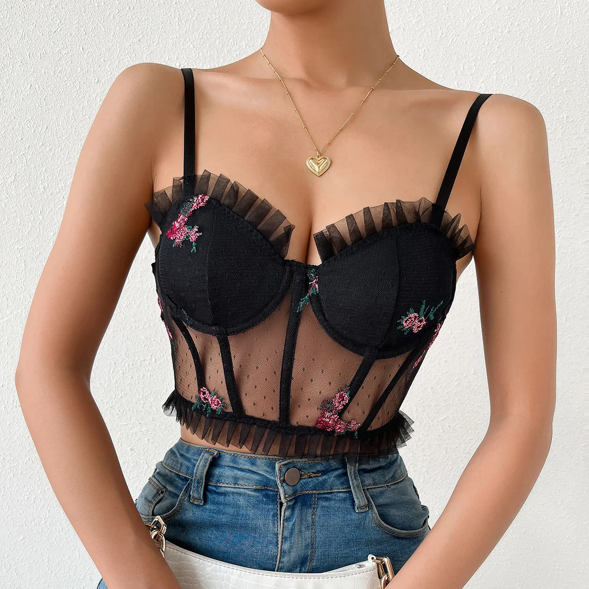 

Sexy See Through Mesh Crop Top Summer Women Flower Embroidery Sleeveless Camisole Tank Top Y2k Fashion Backless Short Tight Vest
