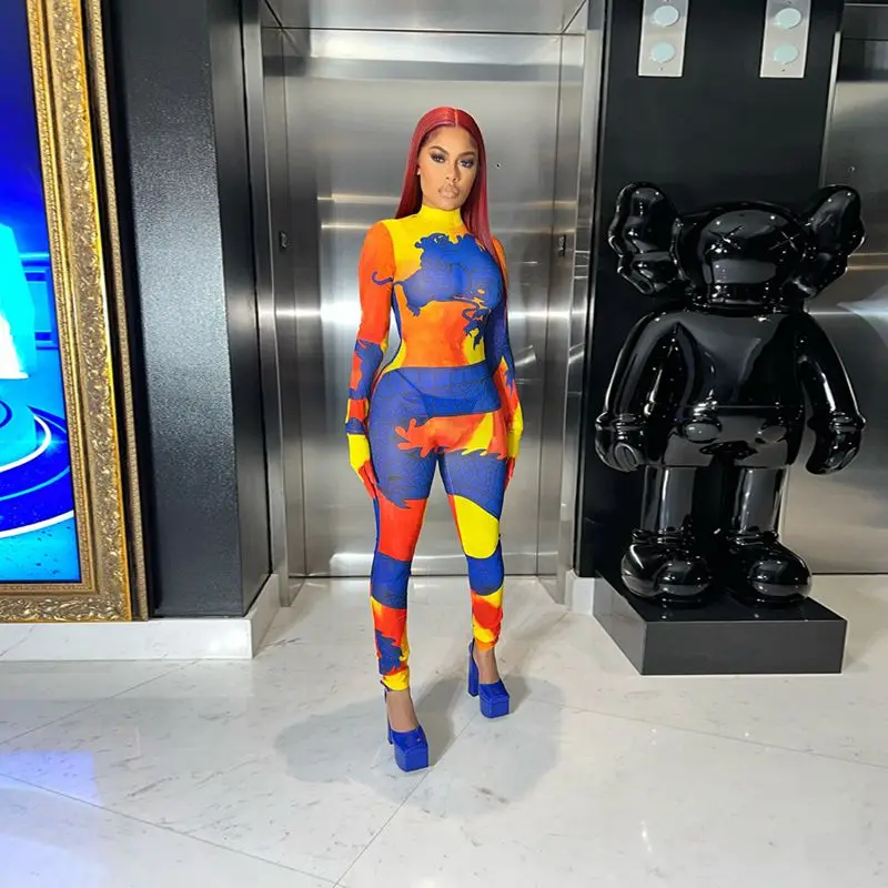 

Комбинезон женский весенний, прозрачный сетчатый пикантный Ромпер для ночного клуба с цветами, слитные брюки и перчатки, уличная одежда для...