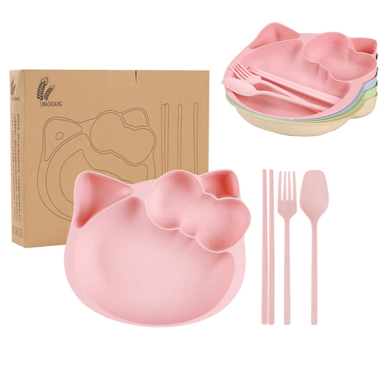 Kawaii Anime Hello Kittys Cartoon Kids Multi-Functional Thickened Separate Plate Spoon Fork and Chopsticks Cutlery Set Gifts