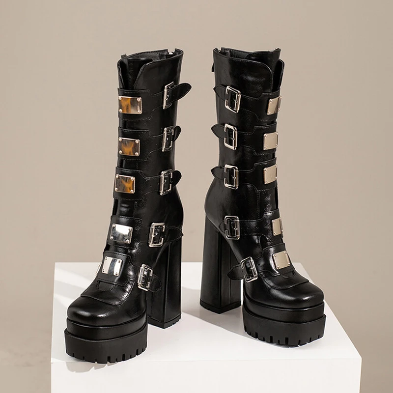 New Metal Buckles Styles Women Knee High Boots High Platform Thick Bottom Shoes Punk Cool Design Woman Booties