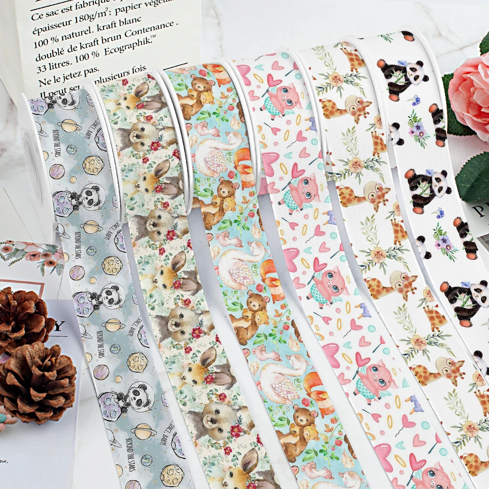 

Baby Cartoon Animals Printed Grosgrain Ribbon for Cheer Bows DIY Girl Headwear Hair Bows 10yards Satin Ribbon