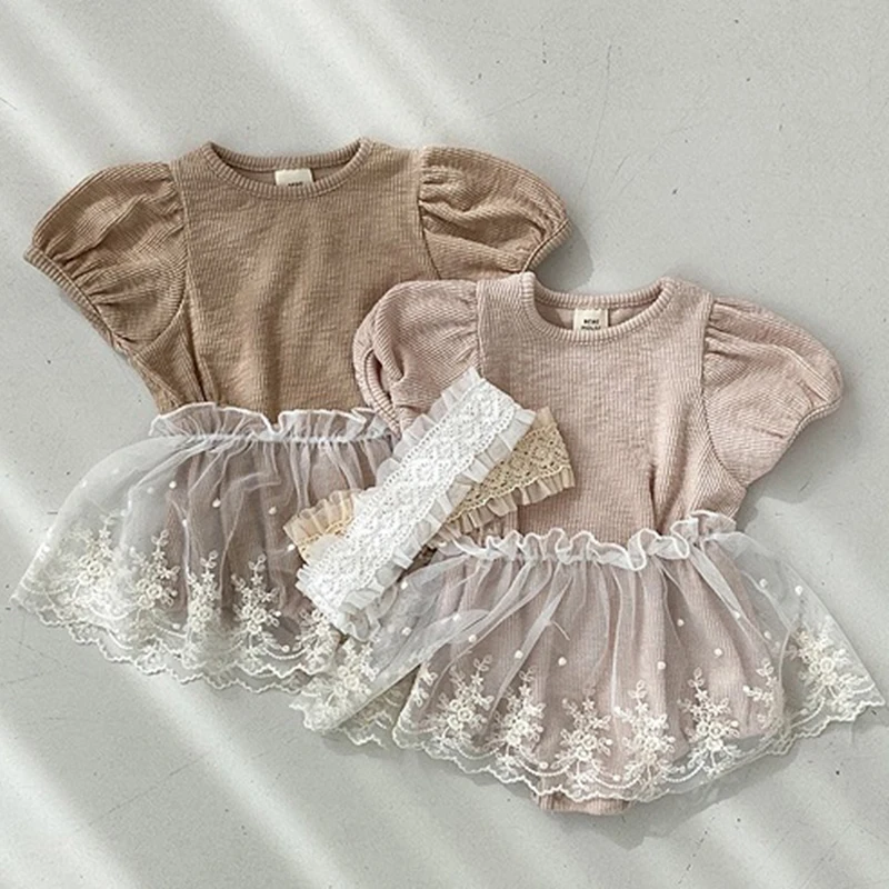 Toddler Baby Girl Short Sleeved Cotton Romper+Hair band+Lace Skirt Suit Korean Style Jumpsuit Baby Girls Clothes For Summer