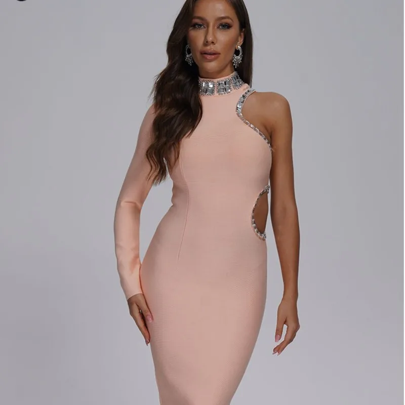 2023 Sexy Crystal Beaded One Shoulder Long Sleeve  Bodycon Midi Bandage Dress Fashion Women's Evening Party Dress Vestidos