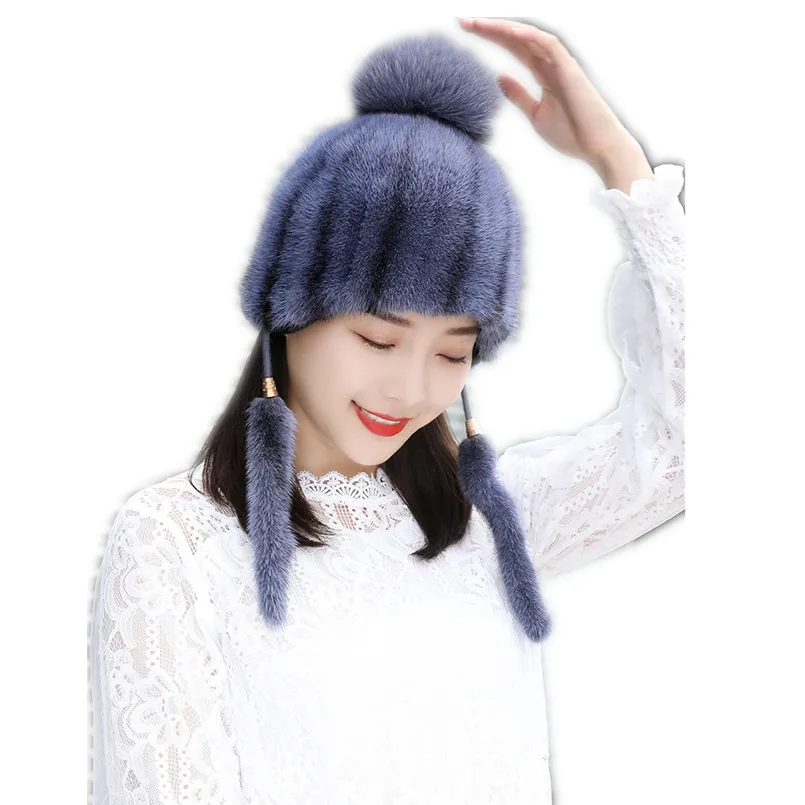 Winter Real Mink Fur Hats for Women Genuine Fox Fur Pompom Ear Protect Caps Warm Beanies Russian Hat