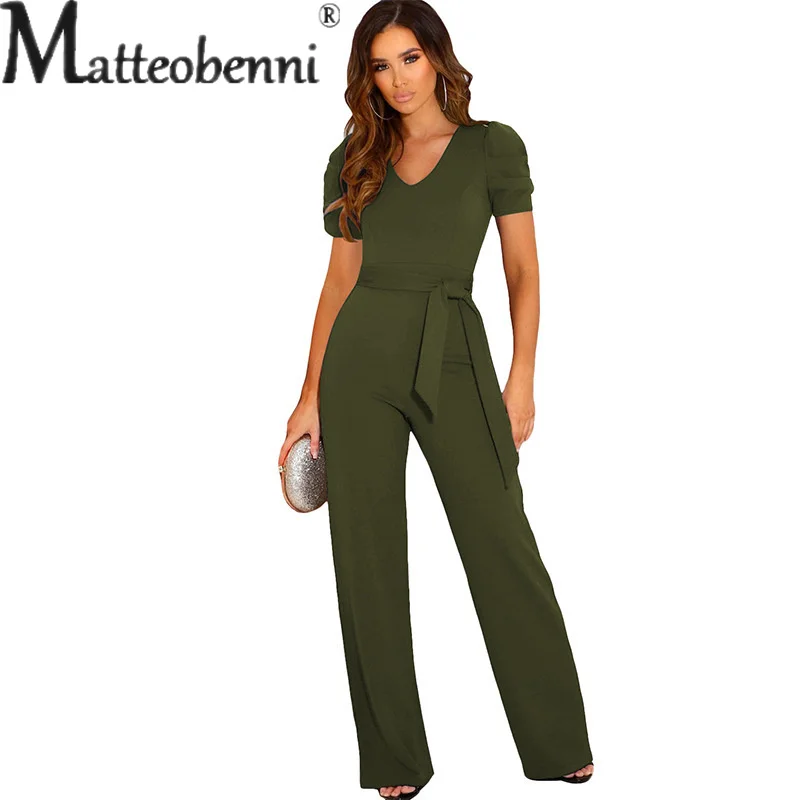 Fashion Lace-up Shrink Waist Jumpsuit Women's V Neck Short Sleeve Tops Female Wide Leg Long Pants Solid Color One Piece Outfits