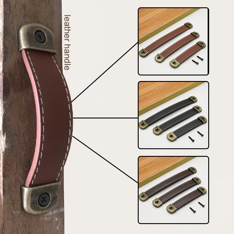 

96/128mm Brown Furniture Door Handle Cowhide Small Wardrobe Drawer Door Pull Leather Kitchen Cabinet Handle Hardware Door Handle