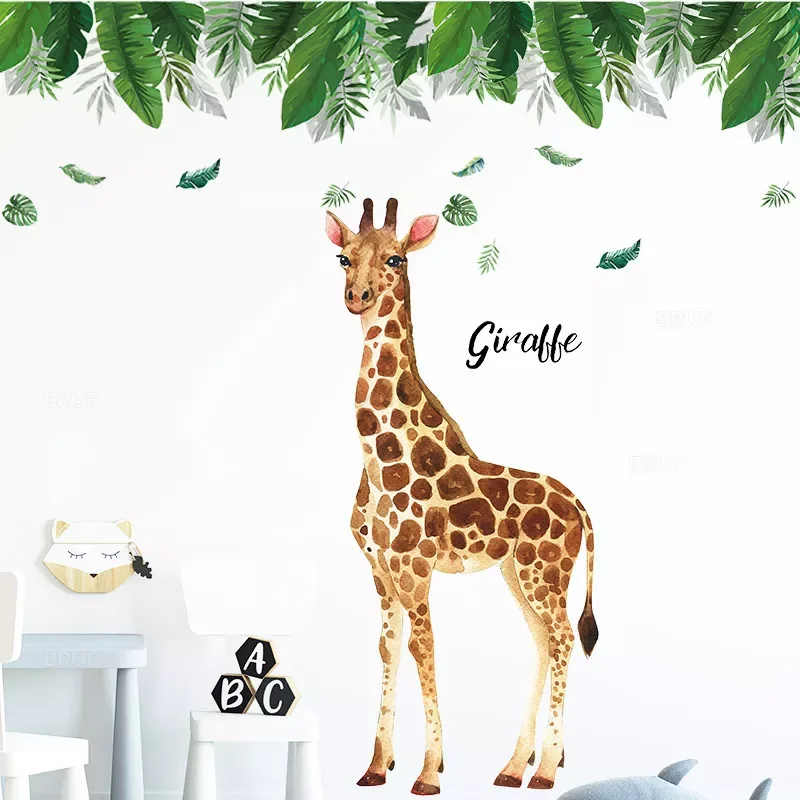 

Draw Painted 150cm Tall Large Giraffe Green Leaves Wall Stickers for Living Room Bedroom Murals Home Decor Removable Decals