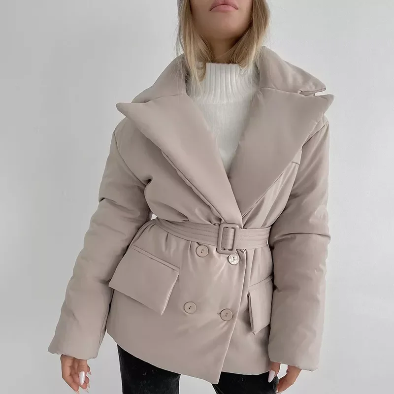 New2022 Simple Pockets Parkas Women Fashion Double Breasted Coats Women Solid Tie Belt Notched Cotton Jackets Ladies
