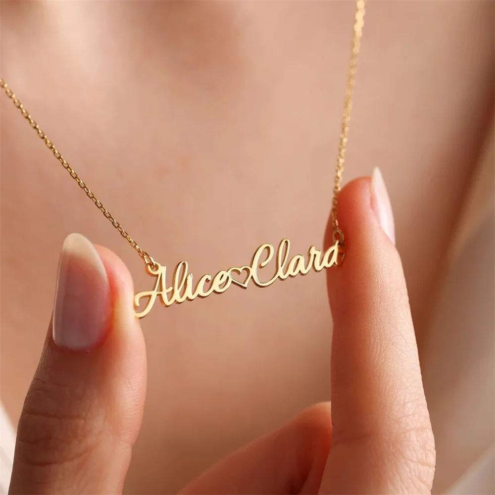 

Custom Two Names with Heart Neckalces for Women Gold Color Stainless Steel Nameplate Pendant Choker Personalize Couples Jewelry