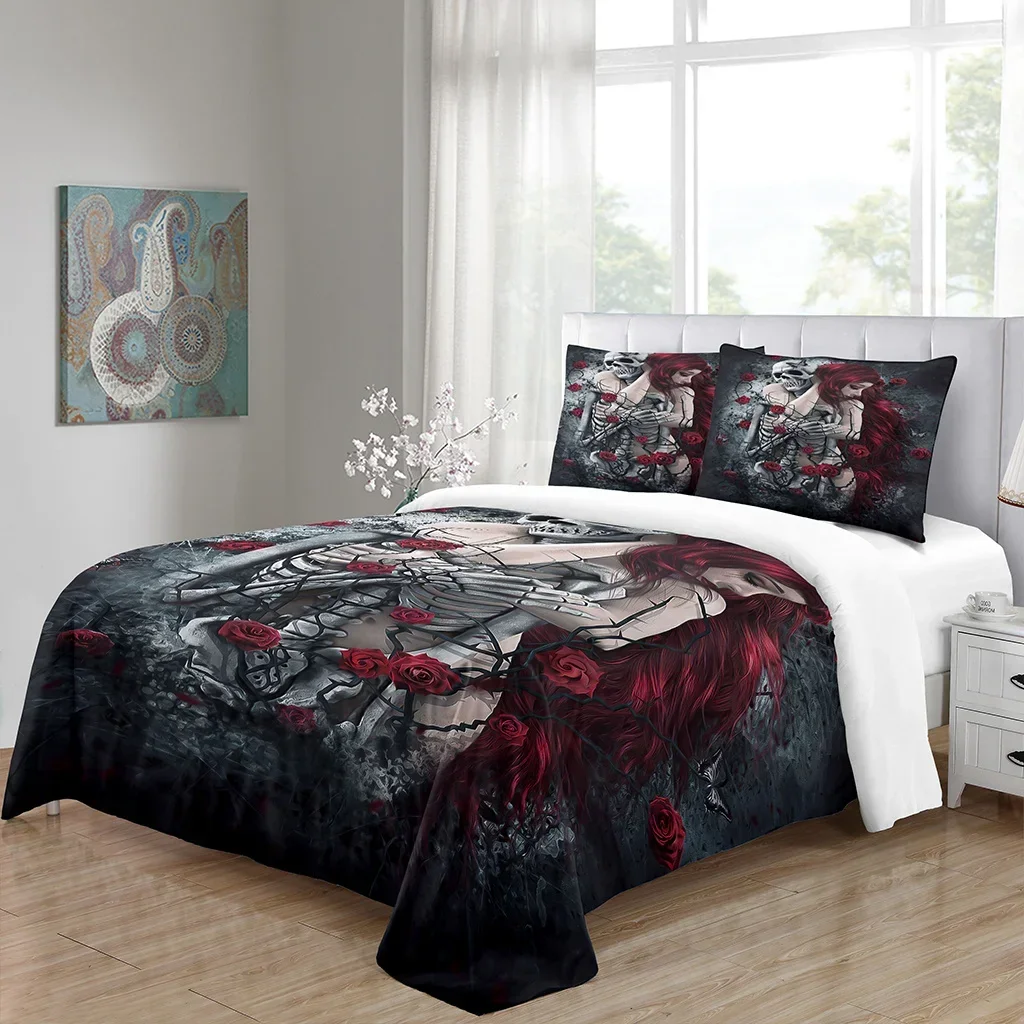 

Black Horror Couple kissing Rose Love Skeletons Skull King Bedding Sets Single Double Bed Duvet Cover Set and 2 pcs Pillow cover
