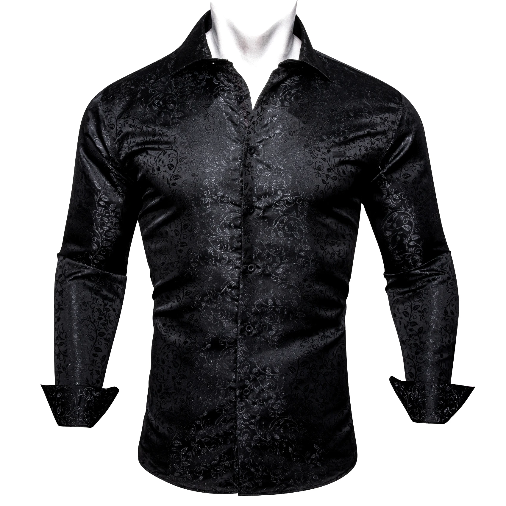 Spring Autumn Men Silk Shirt New Style Black Floral Men Long Sleeve Shirt Turn-Down Collar Casual Fit Party Busines Barry.Wang