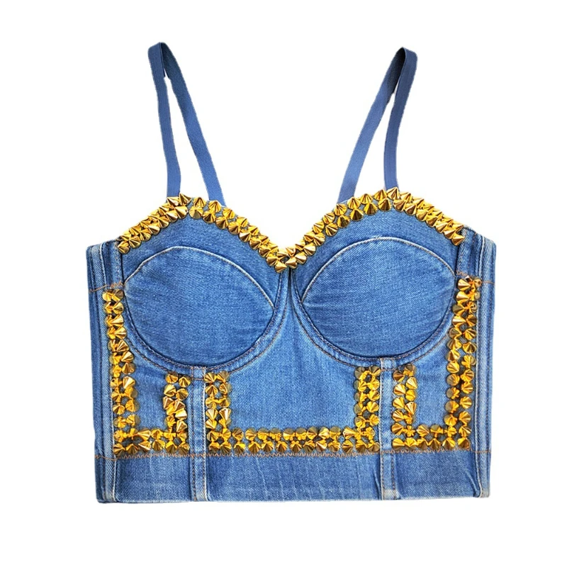 

New Product Reggiseni Donna Sling Corselets Bra Denim Diamond-Studded Shapewear Camisole High Street Women's Corsets Top Tank