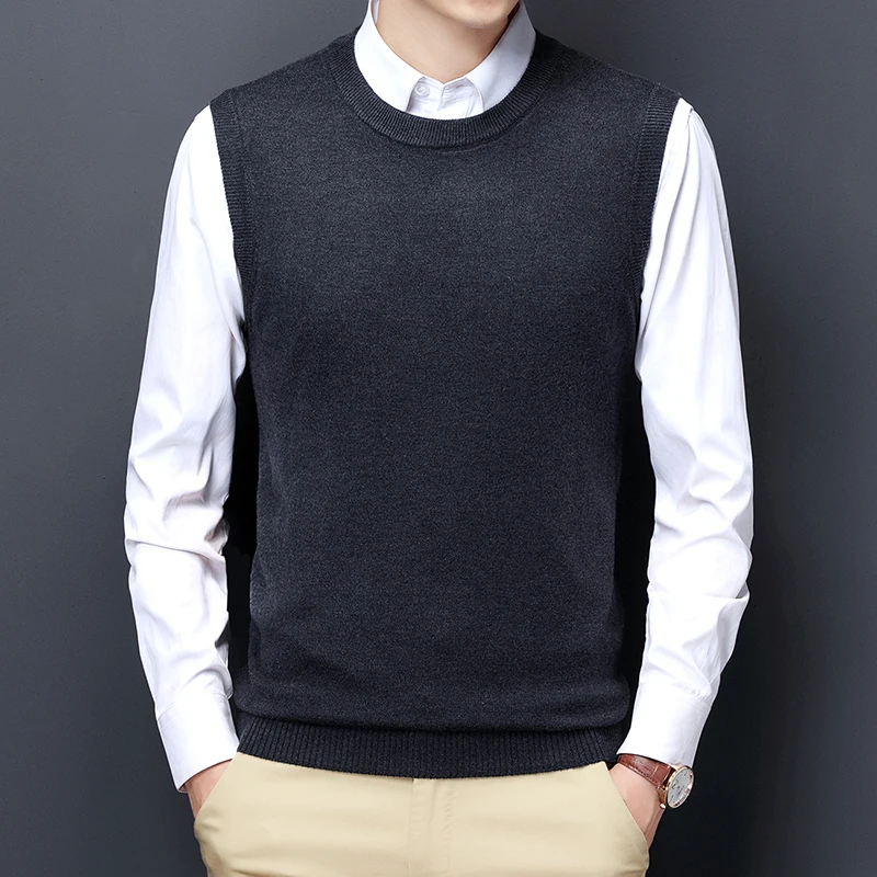 Men Sweater Vest Korean Round Neck Business Casual Fitted Version Black Light Grey Sleeveless Knitted Vest Top Male Brand