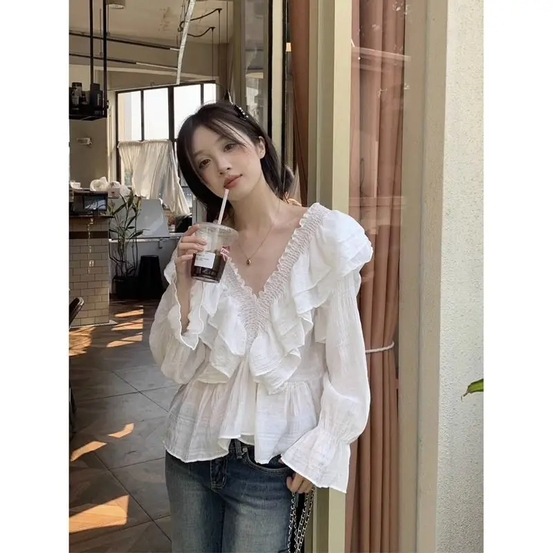 

V-neck Women Blouse Autumn New Ruffled Flare Sleeve Solid Color Folds Office Lady Blusas Korean Style Daily Basics Tops Female