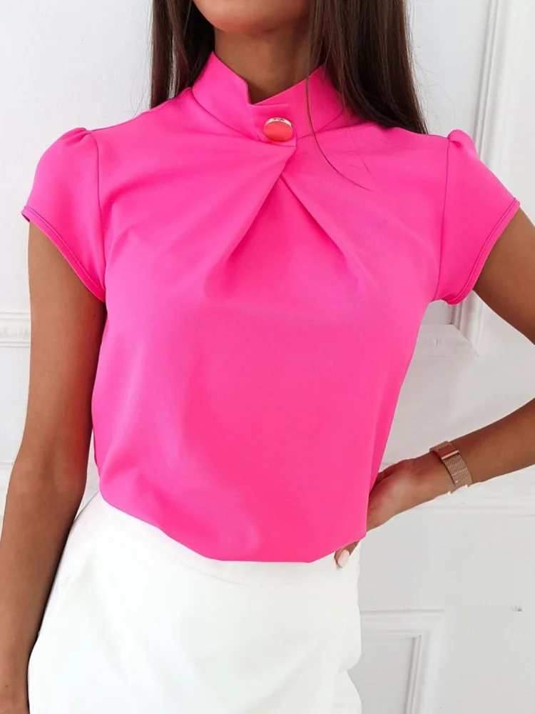 

Stand Collar Summer Women Tops Sweet Simple Short Sleeve Solid Office Lady Button Sweatshirts Loungewear Ladies Shirt Streetwear