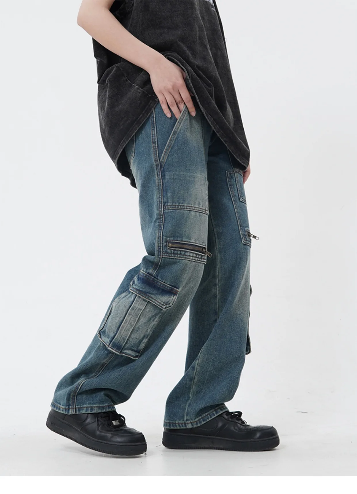 Mens Fashion Straight Denim Jean Pants Unisex Casual Side Big Pocket High Street Cargo Jean Trousers Streetwear Zipper Joggers
