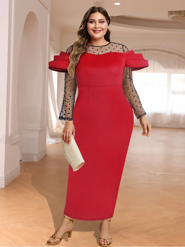 Plus Size 4XL 5XL Dresses Women Elegant PatchworkSexy Bodycon Three Quater See Trough Dot Sleeve Party Dress for Evening 2023