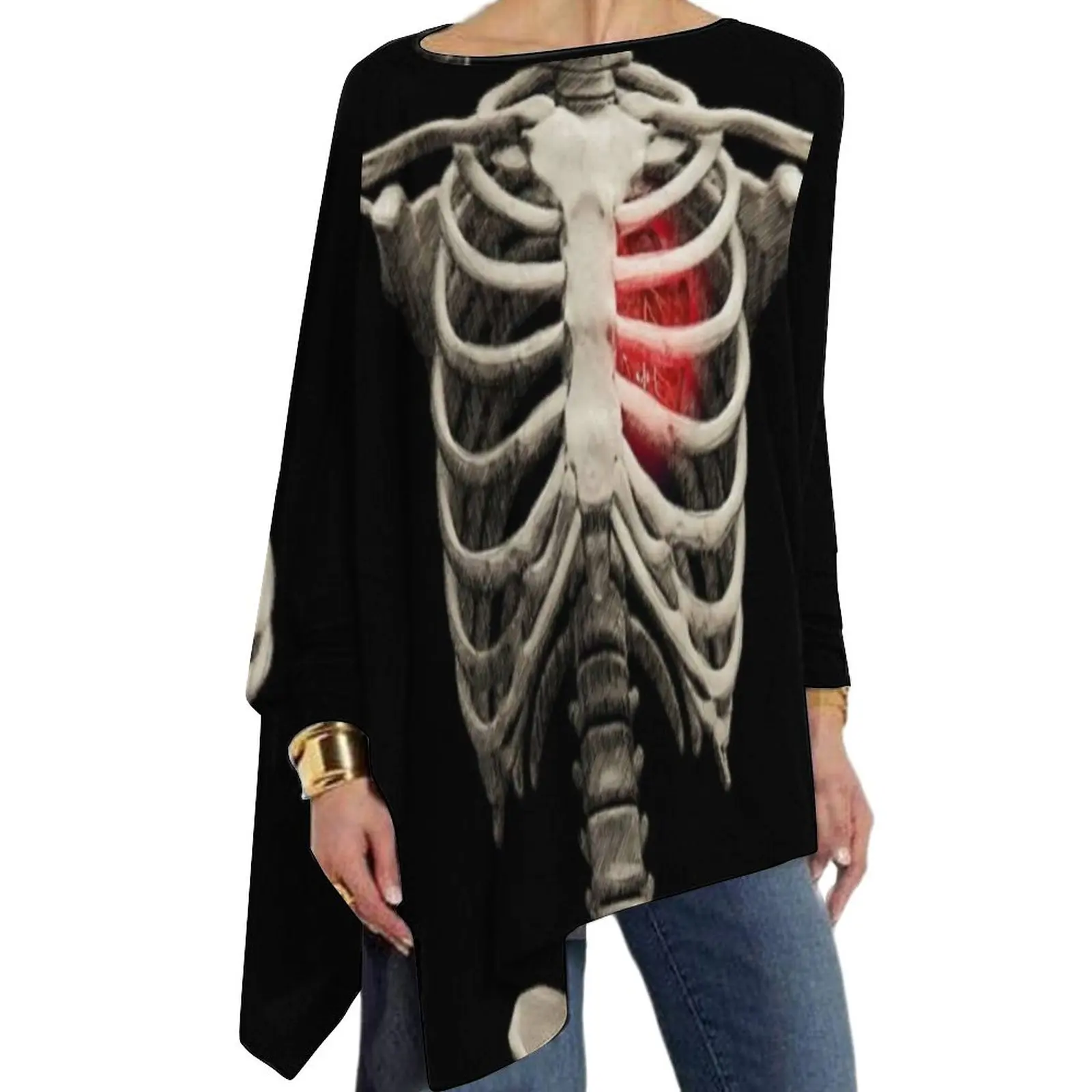 

Halloween Bones T Shirt Skeleton Heart Pretty Long Sleeve T Shirts Streetwear Oversized Tees Women Printed Clothing Gift Idea