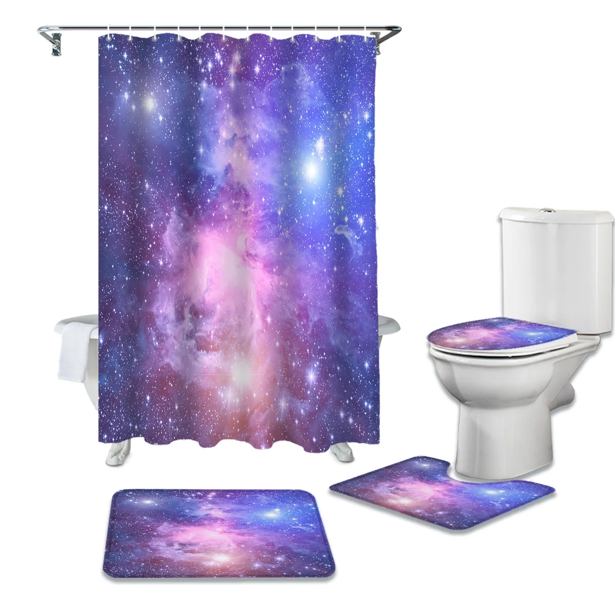 Orion Nebula Purple Galaxy Print Shower Curtain Set Carpet Cover Toilet Cover Bathroom Mat Bathroom Household