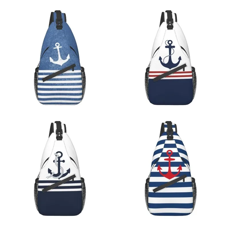 

Vintage Anchor With Stripes Sling Chest Crossbody Bag Men Casual Nautical Marine Shoulder Backpack for Hiking