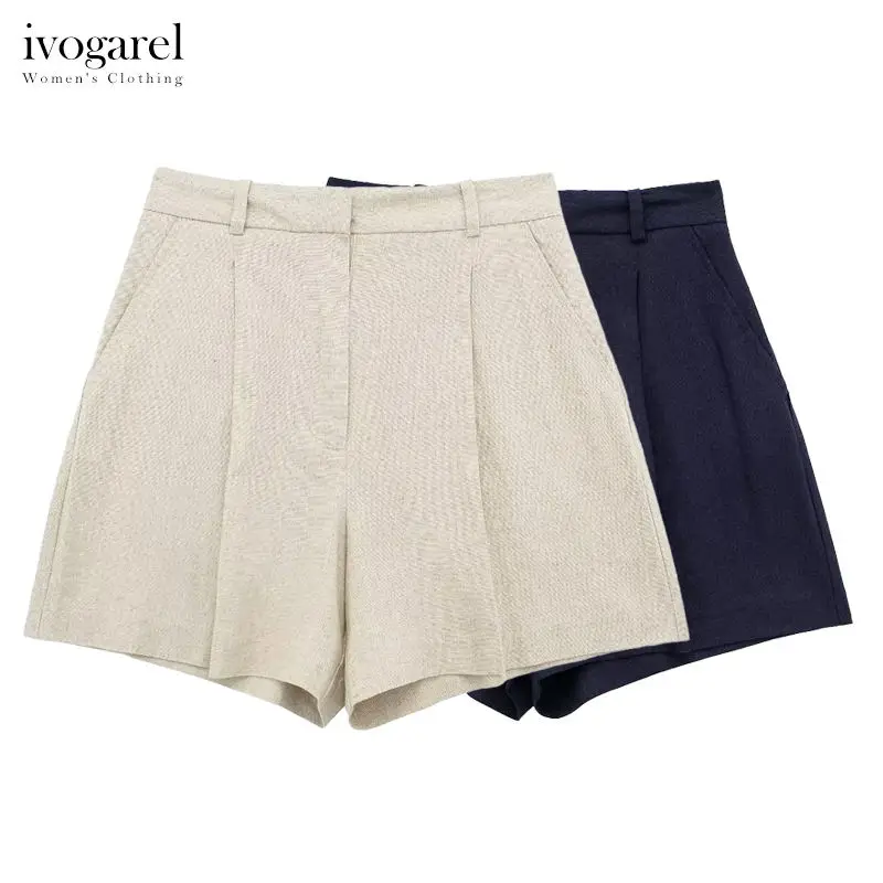 

Ivogarel Stylish Linen Blend High-Waist Bermuda Shorts Women's Casual Summer Shorts Female Classic Home and Office Clothing