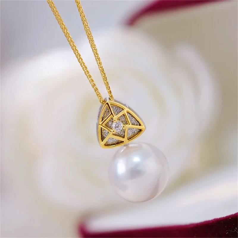 

MeiBaPJ 10mm Natural Round Pearl Triangle Geometric Pendant Necklace Real 925 Sterling Silver Fine Wedding Jewelry for Women