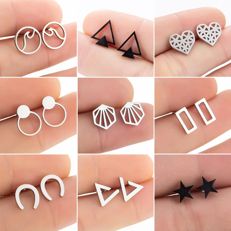 

Punk Black Geometric Stainless Steel Earrings Women Triangle Heart Wave Stud Earring U Shaped Ear Piercing Jewelry Pendientes