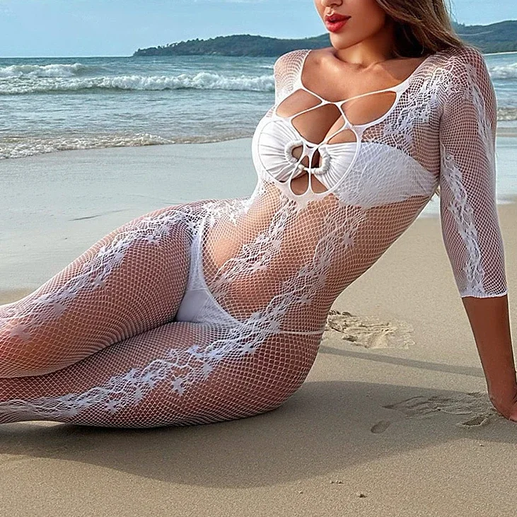 Белый комбинезон пижамы с длинными рукавами сексуальное женское белье цветочным