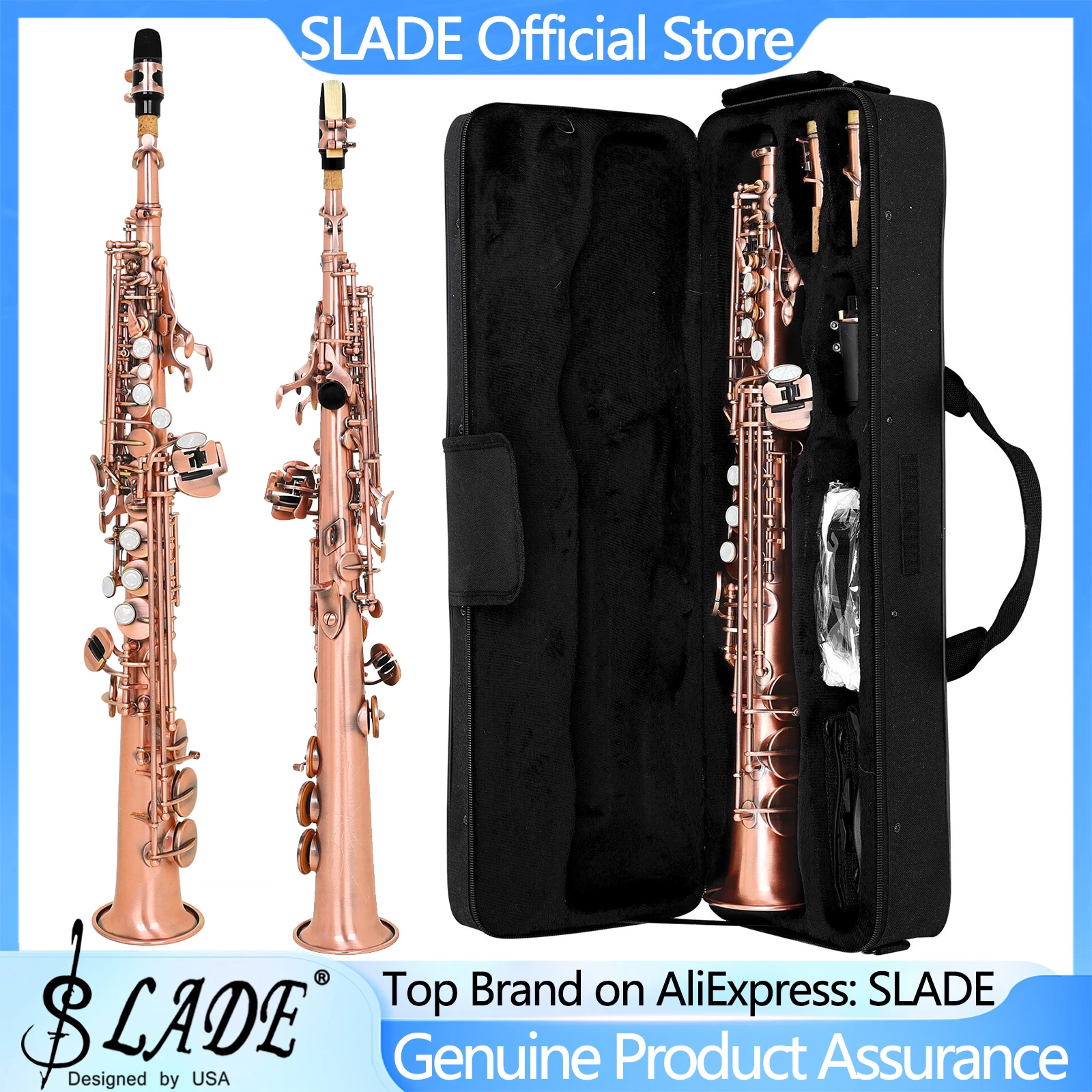 Фото Саксофон сопрано SLADE Bb, профессиональный, красный, из антикварной латуни, с мундштуком, чехлом, перчаткой и салфеткой для протирки №2