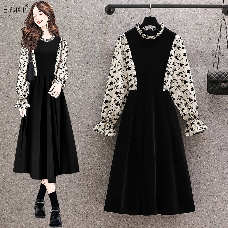 EHQAXIN новое женское платье 2024 осень-зима повседневное ретро-платье с цветочной