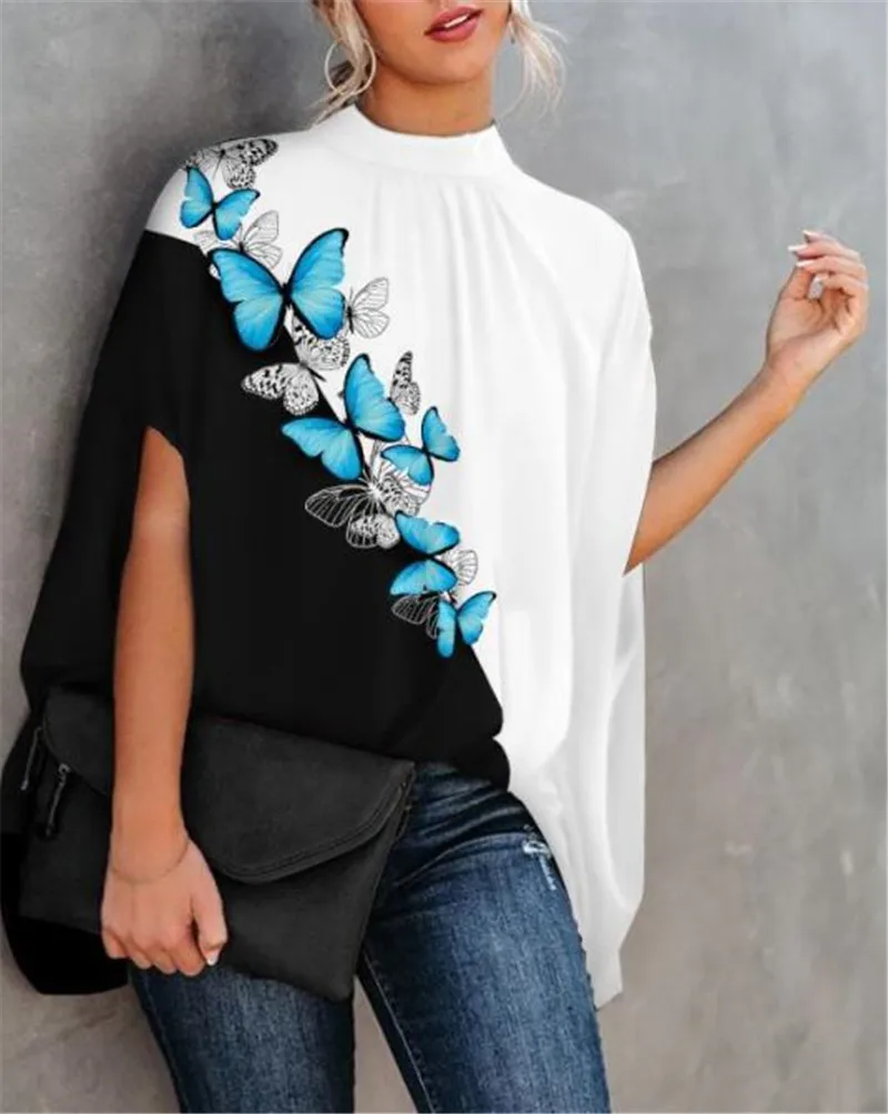 

Elegant Cape-Style Dolman Sleeves Blouses 2022 New Women Summer Fashion Half Turtleneck Butterfly Chain Print Shirt Sasual Loose