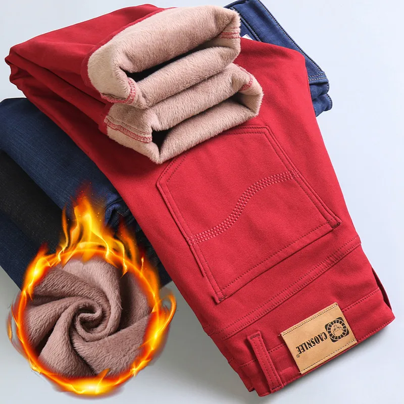 

2022 Winter New Men's Warm Thick Casual Pants Business Fashion Khaki Red Stretch Slim Pant Fleece Hip Hop Trousers Male
