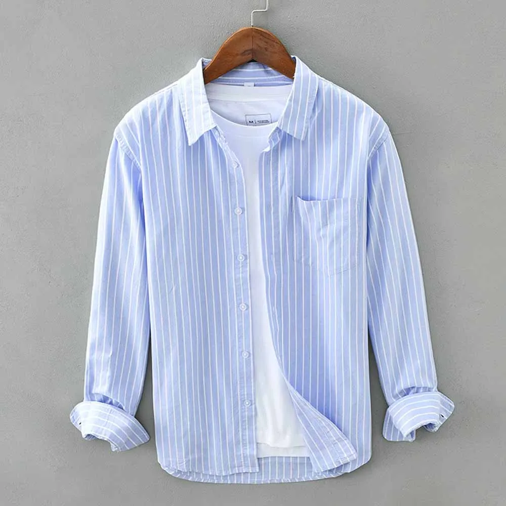 NEW 100% Cotton M-3XL Striped Shirt For Mens Long Sleeve Casual Slim Fit Male Shirts Thick Shirts Men