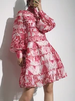2022 elegant turtleneck print mini dress women spring summer lantern sleeve a line zipper vintage printed dress vestido