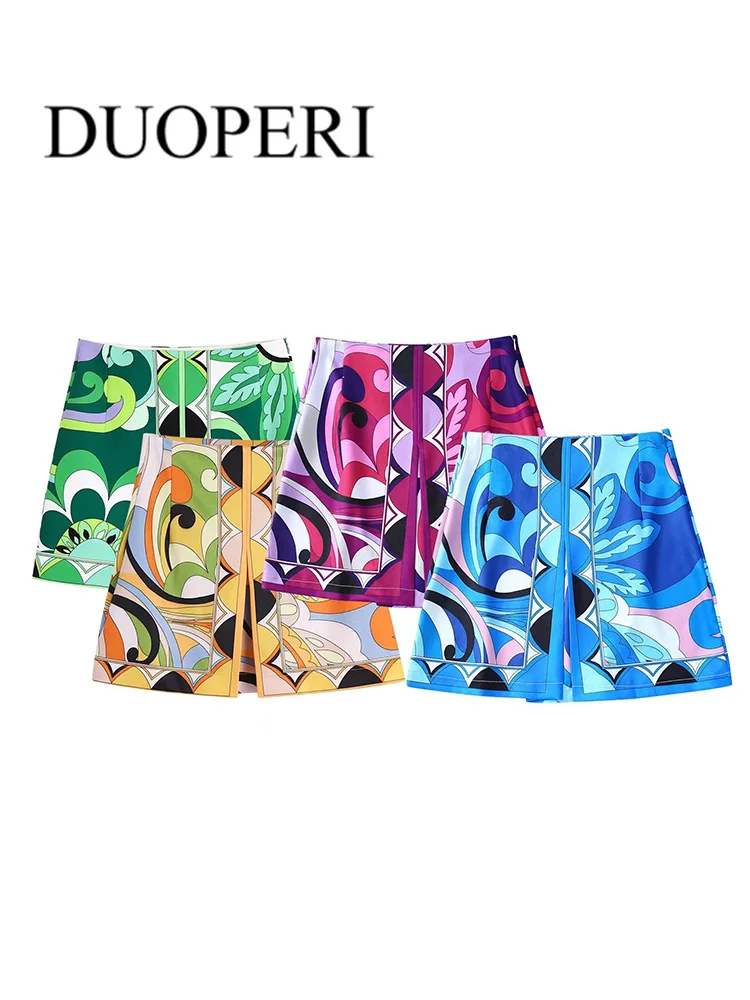 

DUOPERI Women Fashion Print Mini Skirt With Front Split Vintage Zipper Fly High Waist Female Skirts Mujer Chic Outfits