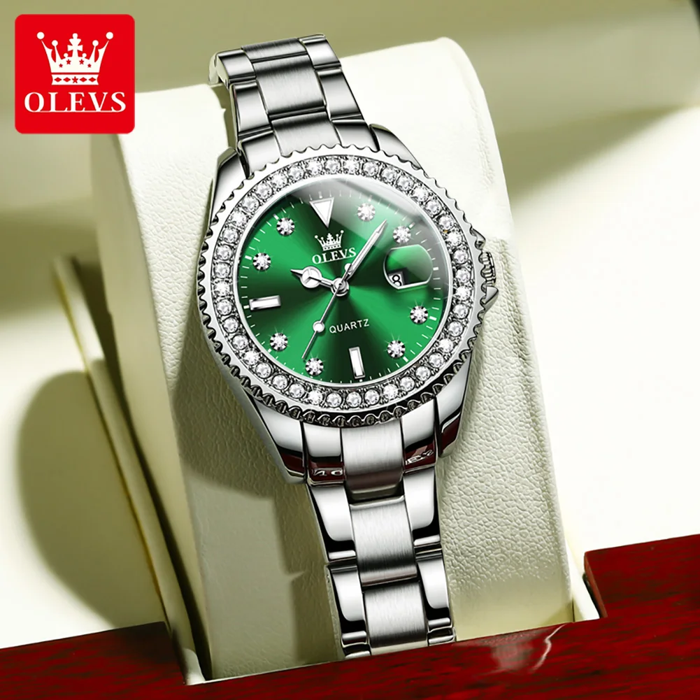 OLEVS Couple Watches Luxury Original Quartz Men and Women Green Wristwatch Waterproof Luminous Date Week His and Her Sets