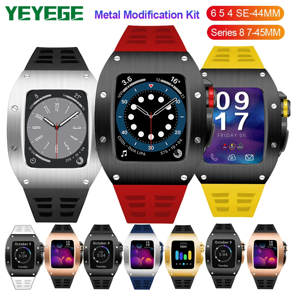 Luxury Metal Case Strap for Apple Watch 8 7 44mm 45mm Silicone Band Set for IWatch Series 8 7 6 5 4 Men DIY Modification Mod Kit