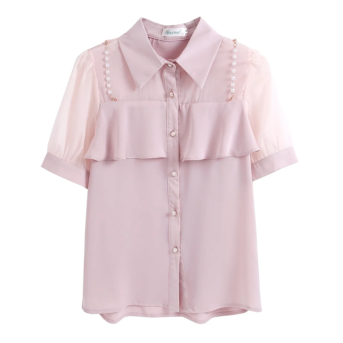 Женская шифоновая блуза с коротким рукавом отложным воротником и бисером