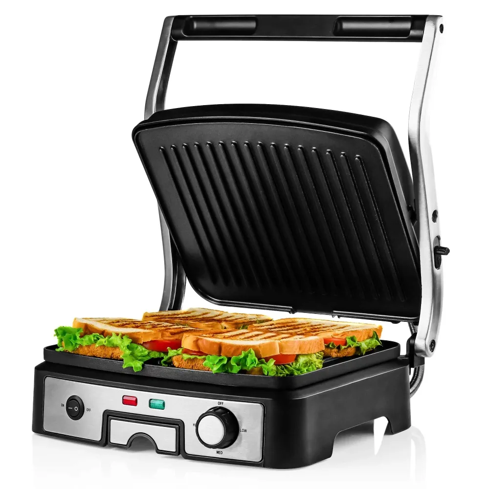 

Opens 180 Degrees to Fit Any Type or Size Food, 1500W Perfect for Indoor Use w/ Removable Drip Tray, Silver GP1861BR