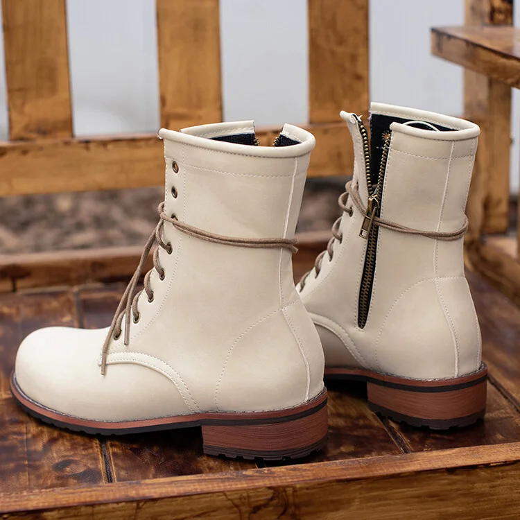 2023 New Retro Martin Boots Low Heels Women Round Toe Ankle Boots Fashion Side Zip Lace Up Short Knight Boot Female Shoes