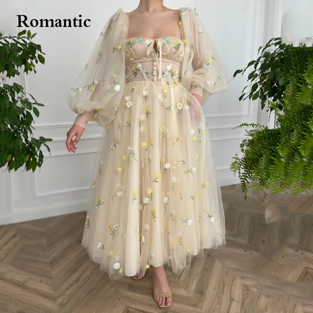 

Romantic Evening Dress Soft Beige Tulle With Daffodils Puff Sleeves Sweetheart Side Pocket Girl's Gradution Long Prom Gowns 2022
