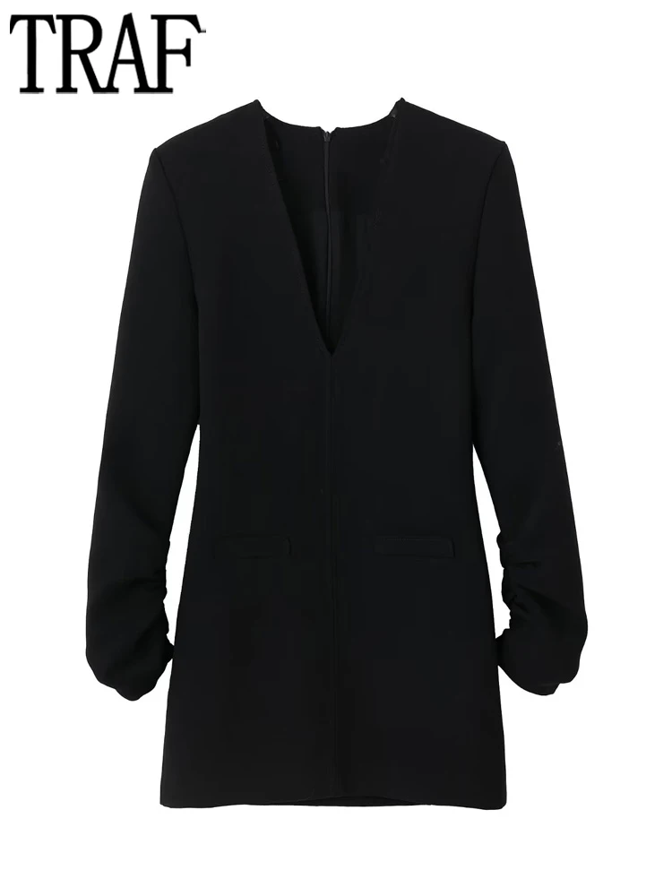 

TRAF Black Short Dress Woman Ruched Winter Dress Women Long Sleeve Evening Dresses for Women 2022 Shoulder Pad Office Mini Dress