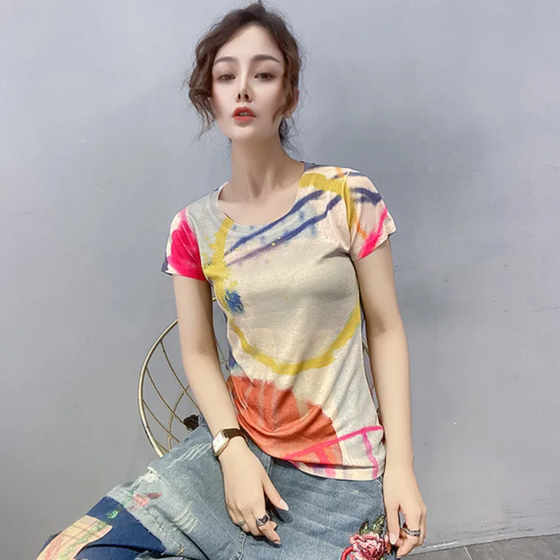 #5226 летняя футболка с принтом Tie Dye Женская винтажная Базовая круглым вырезом