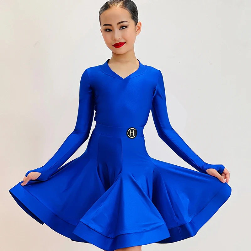 

Новинка платья для соревнований для бальных танцев для девочек топы с длинными рукавами для латиноамериканских танцев юбка костюм детская одежда для латиноамериканских танцев DQS9736