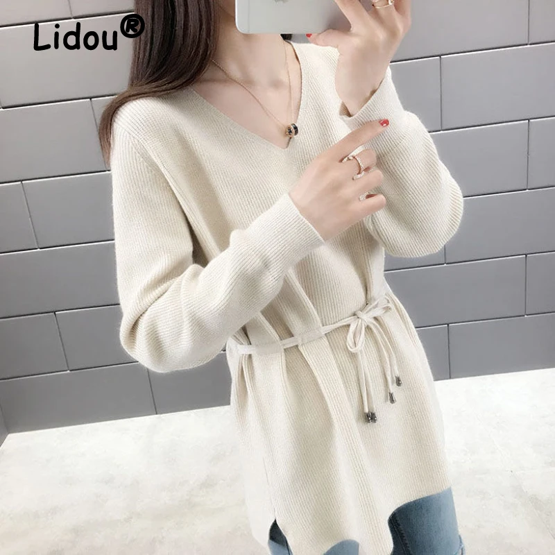 

2022 Autumn Winter Woman Lace Up Casual Loose T-shirts Fashion Solid Color V-neck Comfortable Popularity Korean Pullover Sweater