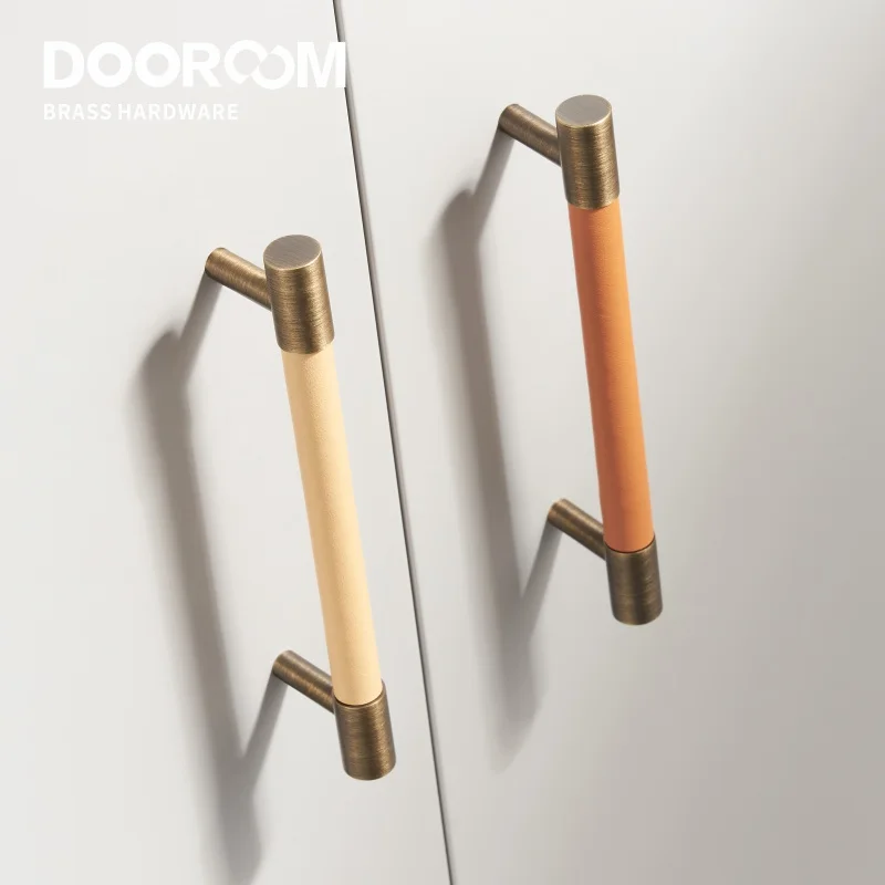 

Dooroom Brass Furniture Handles Real Leather Nordic Simple Pulls Cupboard Wardrobe Dresser Shoe Box Drawer Wine Bar Cabinet Knob