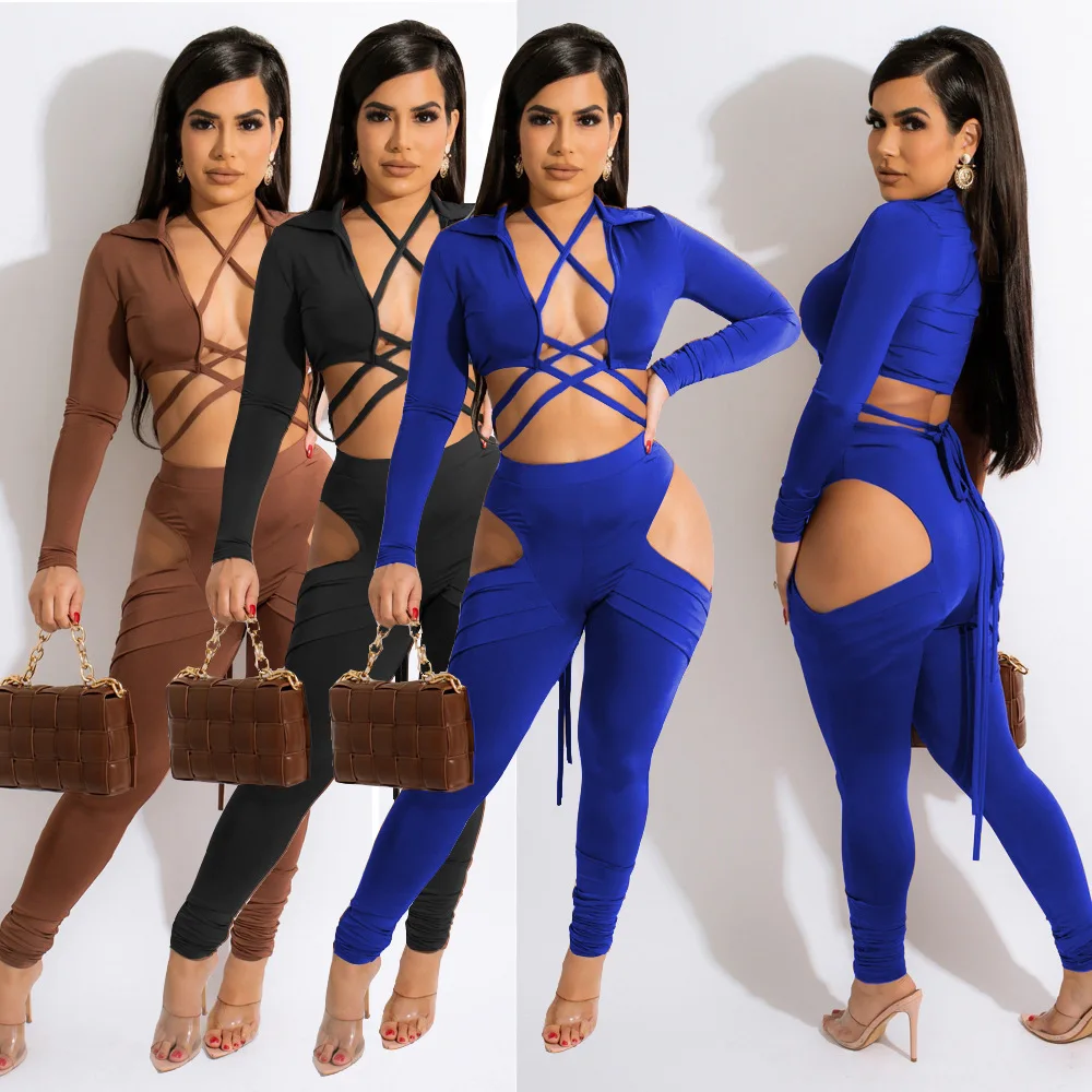 

57B9317 Spring Summer Women Casual Fashion Solid Sexy Reversible Brushed Top Tie Bottom Pleated Cutout Set Hot