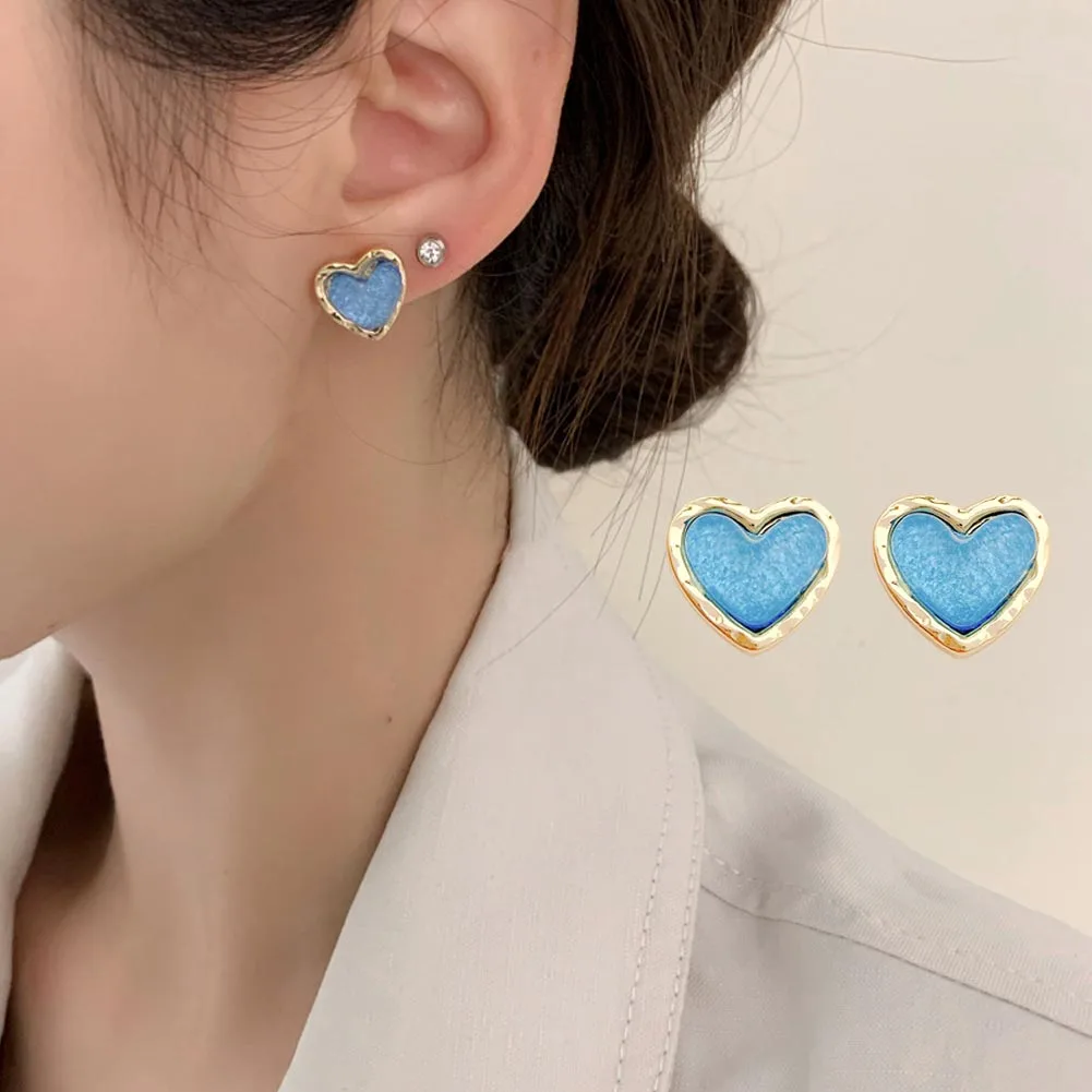 

2022 New Blue Resin Heart Earrings for Women Girls Korean Small Cute Stud Earrings Wedding Party Fashion Jewelry Wholesale Gift