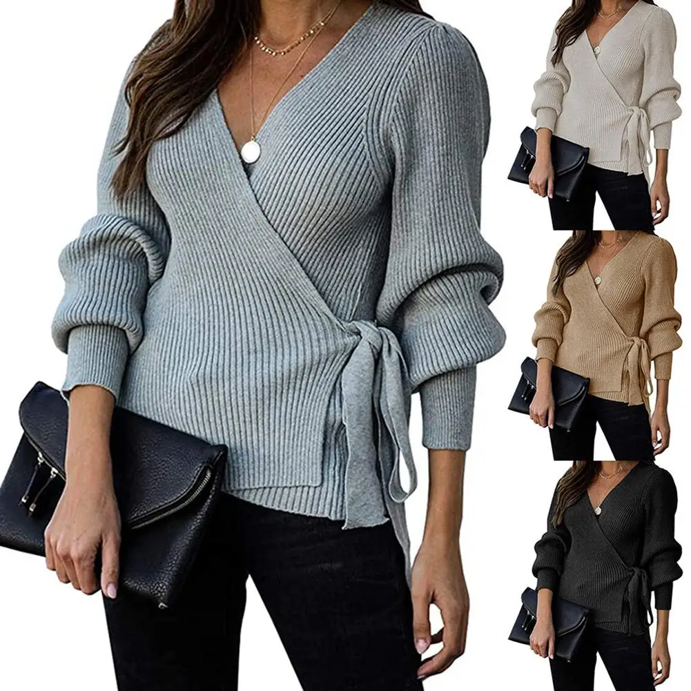 

Casual Women Sweater Autumn Winter Knitted Blend Solid Color V-neck Long Sleeve Bottoming Knitted Top Women Clothing Fashion