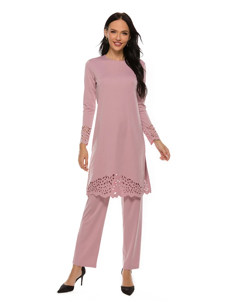 

4XL Women 2 Pcs Muslim Set Long Blouse Top Pants Dubai Turkey Kaftan Casual Islamic Clothing Arab Abaya Robe Dress Ramadan Suits